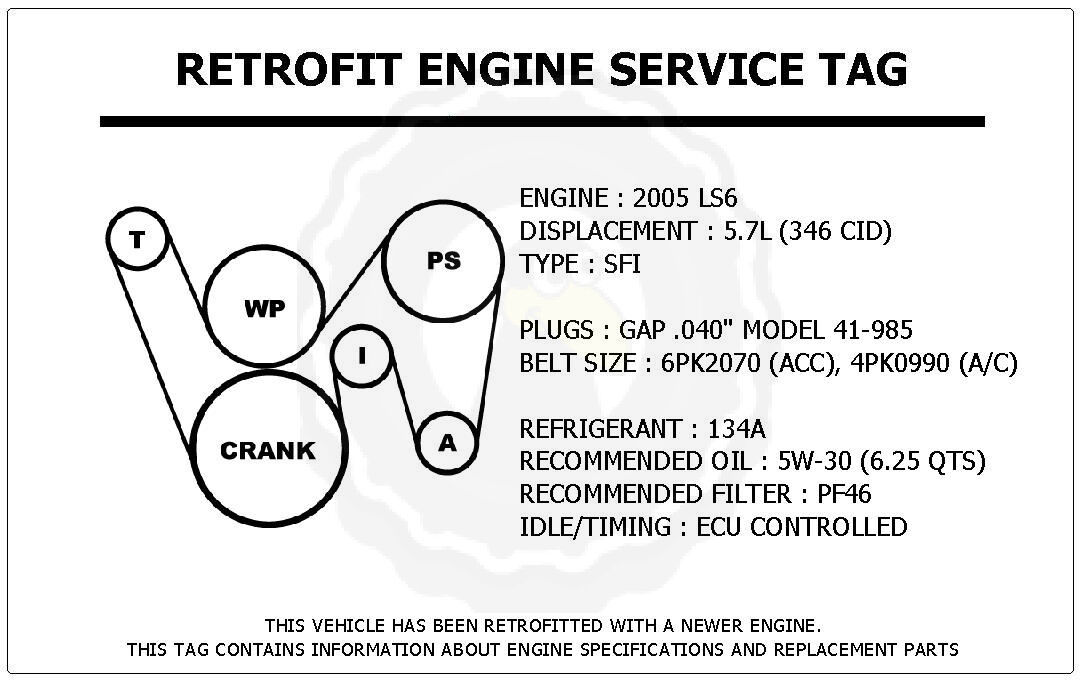 2005 LS6 5.7L CTS-V Retrofit Engine Service Tag Belt Routing Diagram Decal - $14.95