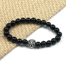 Natural Black Onyx &amp; Lion 8 mm Bead 7.5&quot; Stretch Bracelet TSB-73 - £9.40 GBP