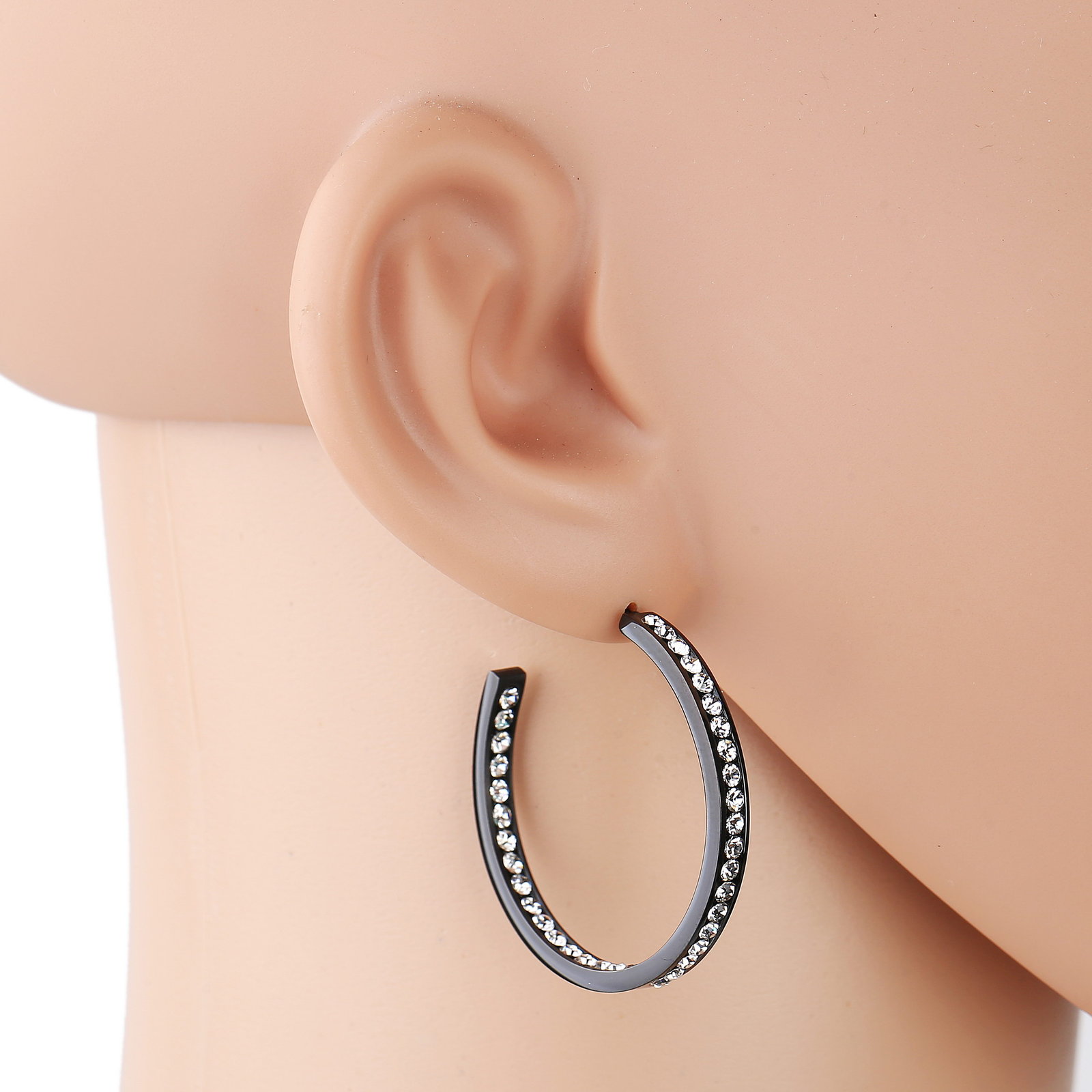 Black Gun Metal Tone Hoop Earrings With Swarovski Style Crystals