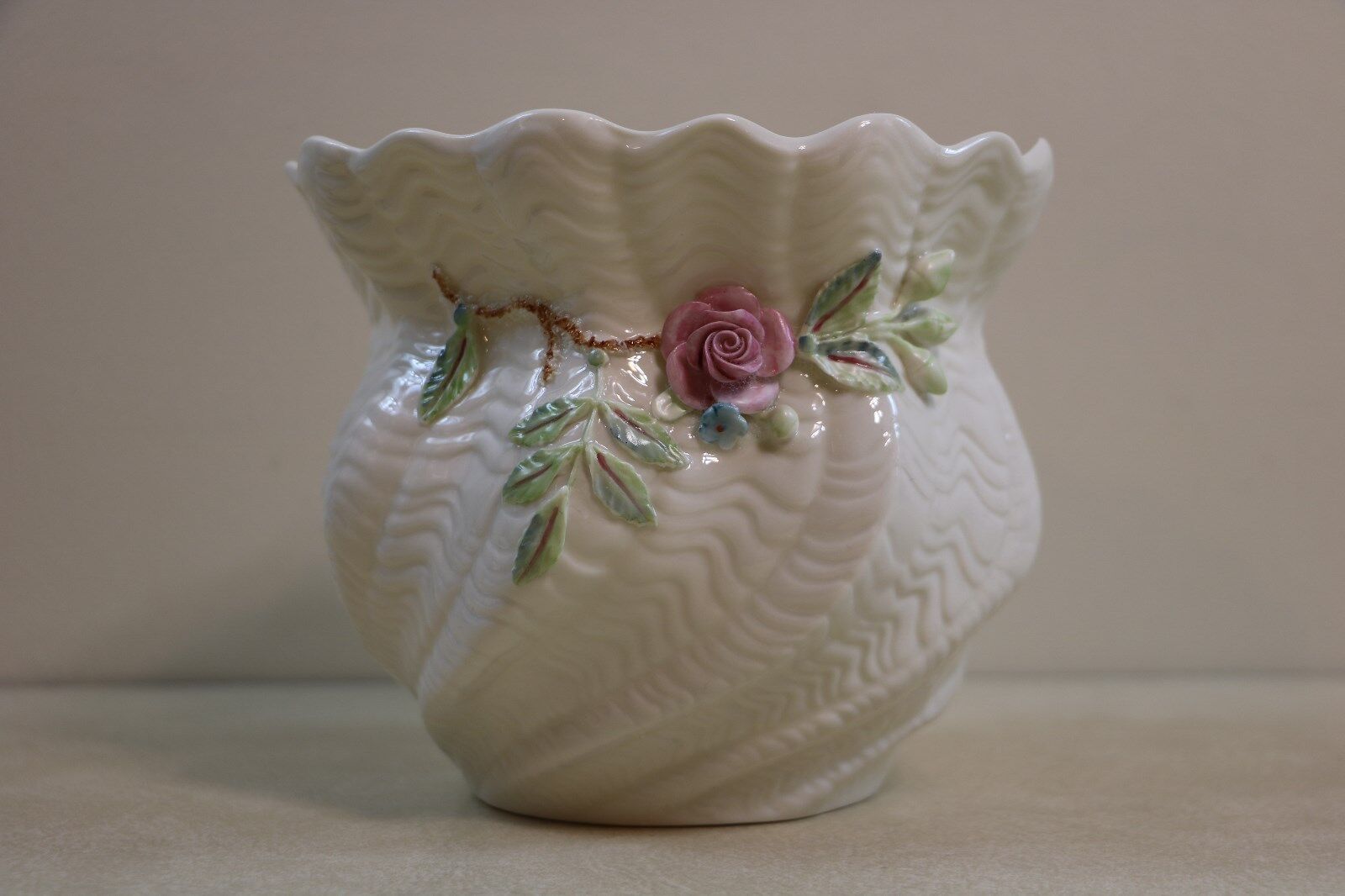 Primary image for Vintage Belleek Applied Roses Fine Parian China Vase Cache Pot Ice Plant
