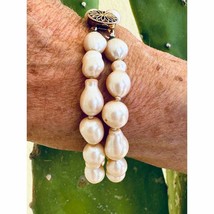 50s VTG Faux Baroque Glass Pearl 2 strand Bracelet Sterling Clasp Flower Ivory - $33.86