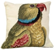 Throw Pillow Needlepoint Parrot Looking Right Bird 18x18 Beige Wool Cotton - £231.01 GBP