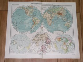 1912 ANTIQUE MAP OF THE WORLD GLOBES HEMISPHERES AMERICA ASIA AFRICA EUROPE - £18.55 GBP