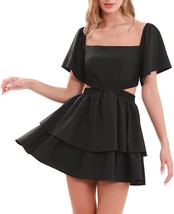 Women Sexy Summer Off Shoulder Cute Mini Dress Square Neck Ruffle Sleev (Size:M) - £19.43 GBP