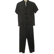 Vintage Shadowline Pajama Set Black Size S 32 Short Sleeve Mandarin Nylon  - $34.60