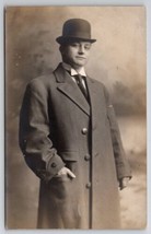 RPPC Dapper Gentleman Sweet Smile Bowler Hat Trench Coat Photo Postcard B39 - £12.09 GBP