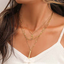 18K Gold-Plated Layered Openwork Moon &amp; Bar Pendant Necklace - £11.18 GBP