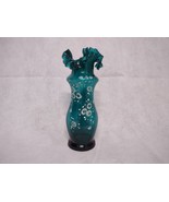 Hand Blown Ruffled Floral Vase Green Glass Hand Painted - £44.08 GBP