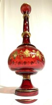 Antique Bohemian Glass Red Vase Cranberry With Gold Gilt Floral, Vine And Leaf - £99.22 GBP
