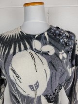 Vtg Magnolia Womens Lambswool Angora Floral Beaded Sweater Gray Cream Dolman  S - £27.15 GBP