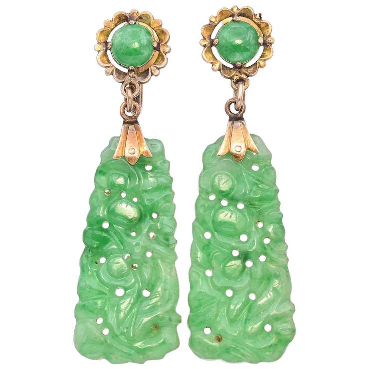 Antique 10K Yellow Gold Carved Jade Drop Earrings - $28,798.44 MXN