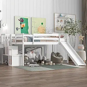 Stairs Twin Loft Bed With Storage &amp; Slide,Wood Loft Bed Frame With Guard... - $537.99