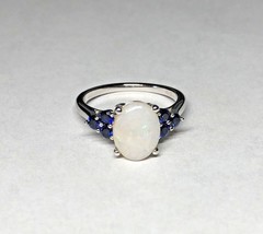 Brand New Sterling Silver Oval 10mm x 8mm Genuine Opal &amp; Blue Sapphire Ring - £69.23 GBP