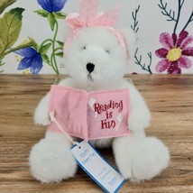 8" White Teddy Bear Plush With Book Bookmark Reading is Fun Burton Burton - $9.50