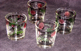 Set Of Four Vintage Etched Glass Peony Flower Rose Lowball Old Fashioned Glasses - £19.45 GBP