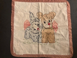 Vintage Embroidered Print Pillow Top Puppy Kitten Bows - $30.39