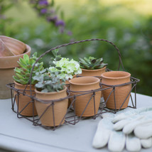 Wire Caddy with Six Miniature Terra Cotta Pots - £43.94 GBP