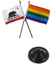 AES State California &amp; Rainbow Gay 4&quot;x6&quot; Flag Desk Set Table Stick Black Base - £3.10 GBP