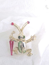 Whimsical Vintage Jiminy Cricket Beetle Bug with Green Eyes and Pink Umbrella - £7.91 GBP