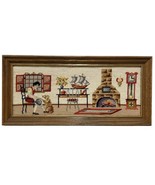 Vtg Framed Needlepoint 1700&#39;s Americana Fireplace Dog Grandfather Clock ... - $47.50