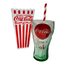 Coca Cola Movie Night Libbey Green Glass Tumbler Straw Paper Ad Popcorn Bucket - £6.65 GBP