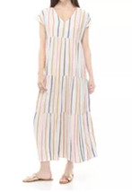 Wonderly Dress Women XXL Multi Color Striped Maxi Tiered Tiered Smocked V Neck - £23.91 GBP
