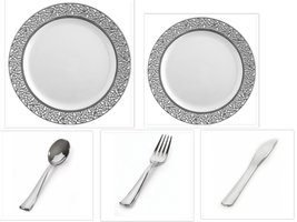 100 Pieces Premium Plastic China Plates Silverware Combo for 20 Guests WHITE wit - £34.04 GBP