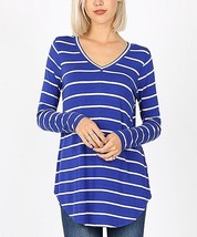 Zenana Premium Ivory Stripe V-Neck Long-Sleeve Curved-Hem Top Blue Size S NWOT - £8.79 GBP