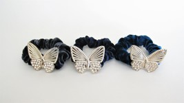 Butterfly blue gray teal hair tie pony tail holder scrunchie with crystals - £4.75 GBP