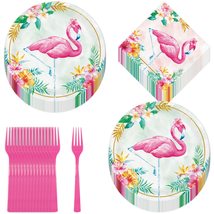 HOME &amp; HOOPLA Tropical Pink Flamingo Round Paper Dinner Plates, Lunch Napkins, a - £13.42 GBP