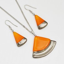 Jewelry set - handmade painted orange glass with platinum, necklace and earrings - $43.30