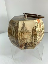 Vintage Decoupage Wood Box Purse French Old Town Pattern Felt Lined Mirror Brown - £51.68 GBP