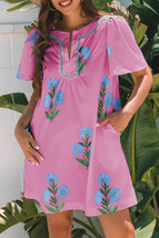 Rose Floral Short Sleeve Split Neck Loose Mini Dress - $17.61