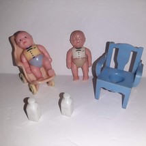 Vtg Renwal Dollhouse Baby Twins No. 8 Jointed Stroller Potty Chair Milk Bottles - £19.78 GBP
