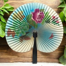 Vintage Chinese Folding Fan Floral Design Flowers Butterfly Round - £11.84 GBP