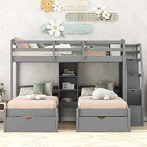 Twin Over Twin&amp;Twin Triple Bunk Bed With Storage Staircase,Built-In Shel... - $1,564.99