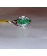AFRICAN GREEN EMERALD OVAL 3-STONE RING, PLATINUM / SILVER, SIZE 6, 1.11... - $123.48 CAD