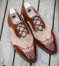 Handmade Men Shoes Brown Beige Cont Premium Quality Brogue Toe Suede Leather - £110.00 GBP