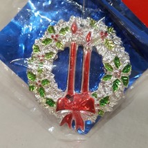 Vintage Joybrite Wreath Christmas Ornament Sealed 3&quot; Plastic Silver Red ... - $14.41