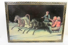 Troika Sleigh  with Horses Palekh Style Lacquer Box Russian Hand Painted  Signed - £43.05 GBP