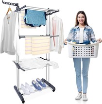 3-Tier Clothes Drying Rack Folding Laundry Drying Rack w/Rolling Wheels 2 Wings - £60.23 GBP