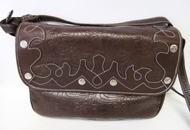 Carlos Falchi Tooled Leather Shoulder Bag Messenger Crossbody Handbag Brown VTG - £197.78 GBP