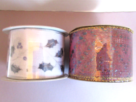 Metallic ribbon lot of 2 spools  silver leaves  purple gold dots 2-1/2&quot; 10 yds - £10.70 GBP