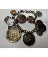 Vintage  Coin Charms from around the world 9” link chain bracelet - £23.61 GBP