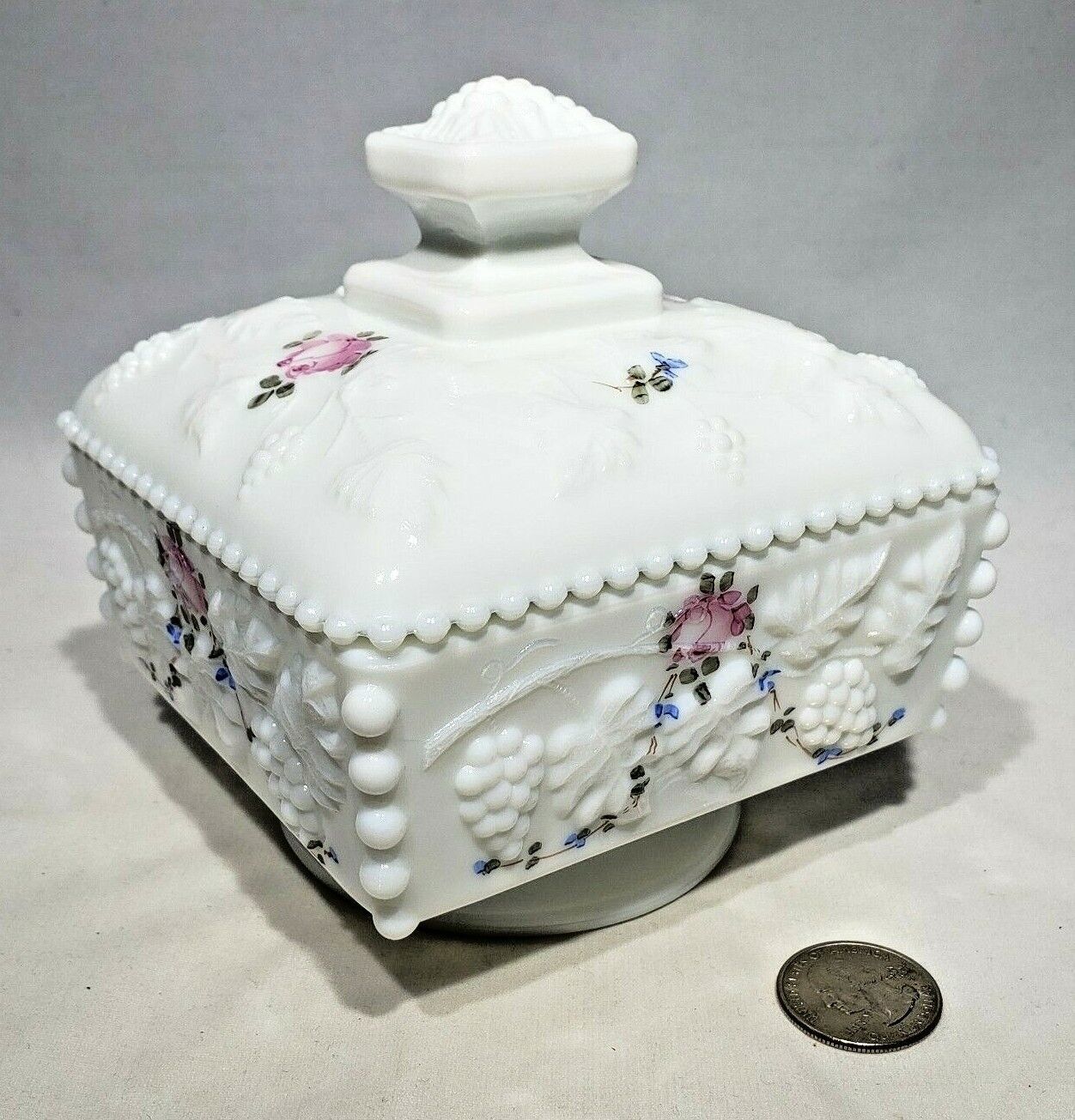 Primary image for VTG Westmoreland Milk Glass Pedestal Wedding Cake Covered Candy Dish Handpainted
