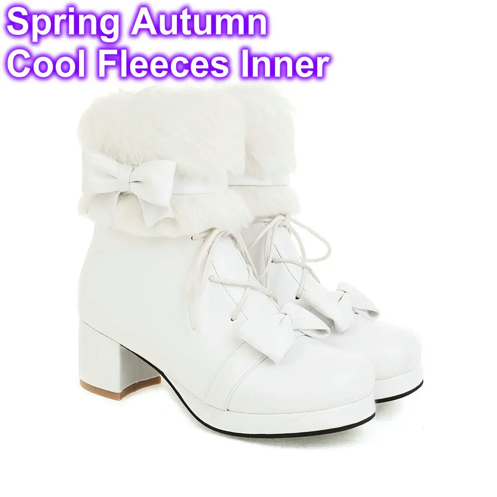 Pu Winter Japanese Lolita Boots Fluffy Round Toe Kawaii Anime Cosplay Women Shoe - £55.45 GBP