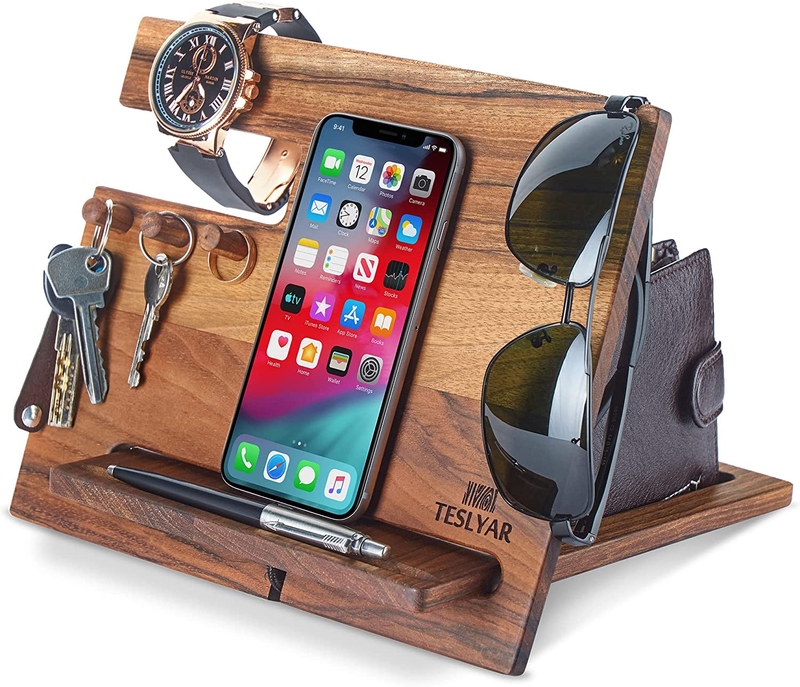 Natural Walnut Wood Phone Docking Station Hooks Key Holder Wallet Stand - $31.67