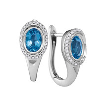14kt White Gold Womens Oval Natural Blue Topaz Diamond Hoop Earrings 1/4 Cttw - £946.79 GBP