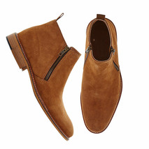 Men&#39;s Tan High Ankle Double Zipper Plain Rounded Toe Suede Leather Boots US 7-16 - £126.10 GBP