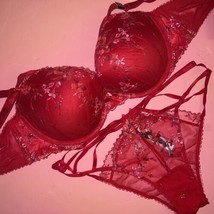 Victoria&#39;s Secret 36DD BRA SET XL panty Strappy RED Pink Foil Floral Embroidered - £63.07 GBP